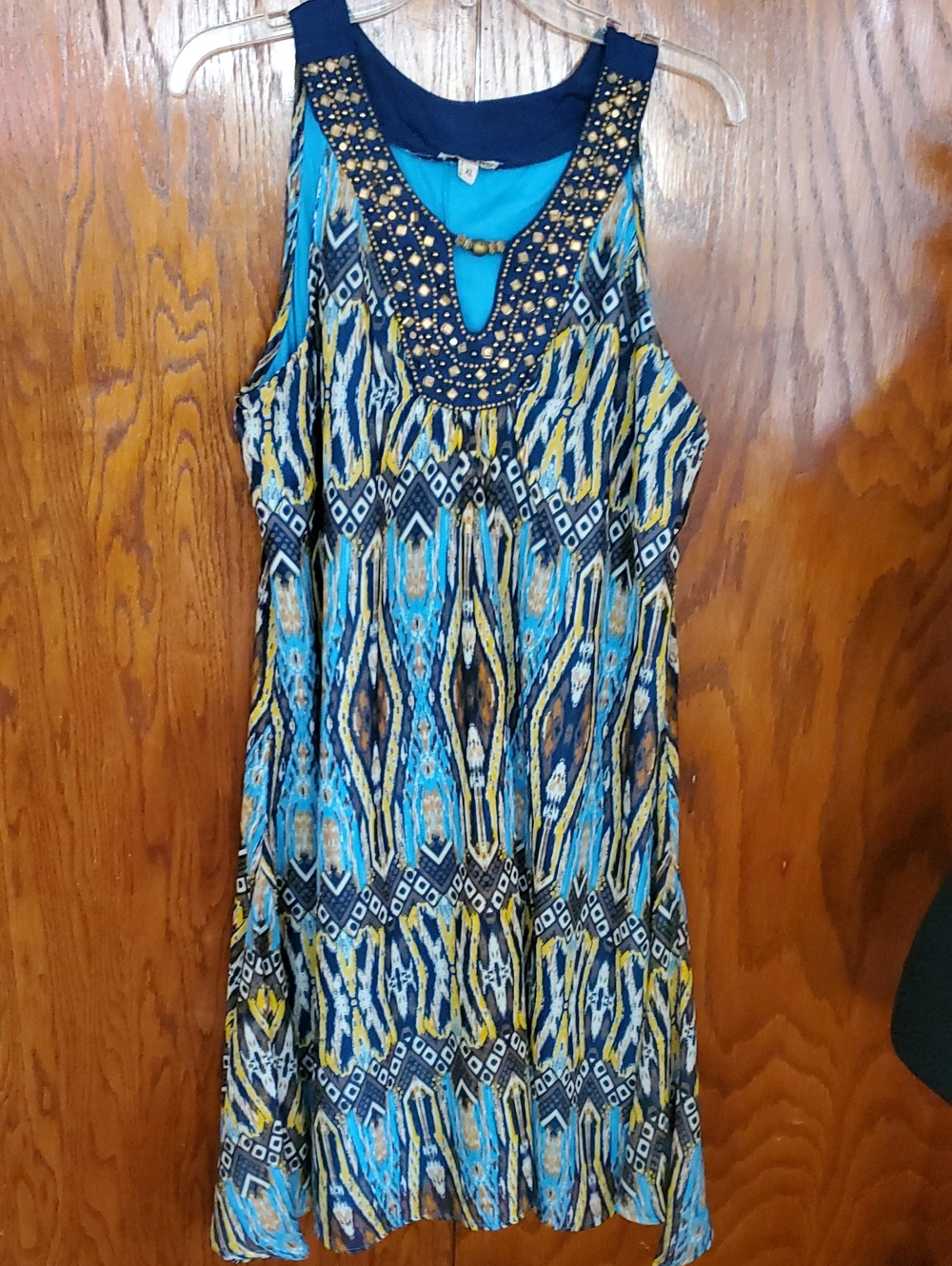 Magic Blue & Yellow Beaded Neck Sleeveless Dress